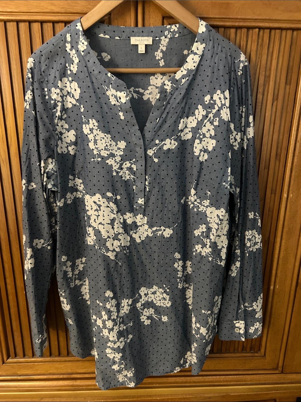 Talbots Navy Blue and White Floral Split-Neck Long Sleeve Top